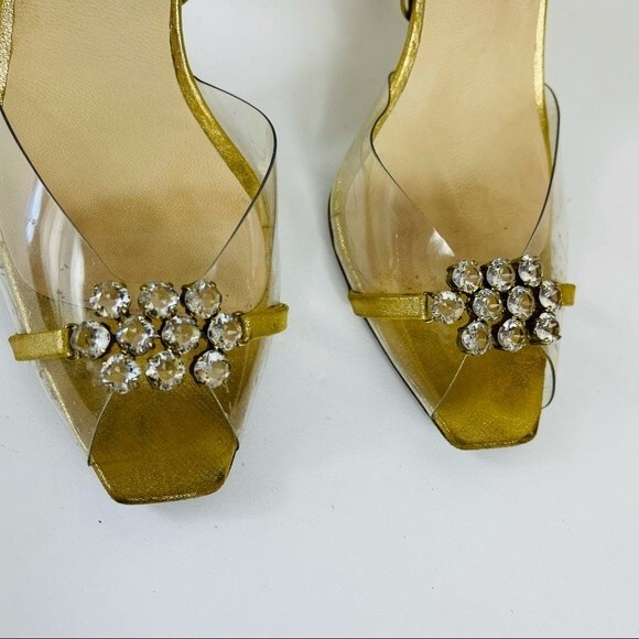 PEDRO GARCIA Retro Gold Metallic Jewel Glitter Peep Toe D'Orsay Heels Shoes 7.5 - Picture 6 of 16